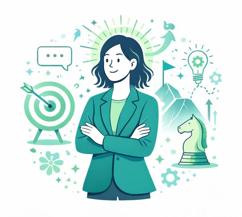 Professional woman in a green blazer, confidently smiling with arms crossed, surrounded by symbols of strategy, innovation, and goal achievement.