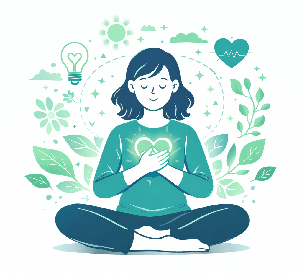 A woman sits cross-legged, holding a glowing heart symbol in her hands, surrounded by plants, flowers, and uplifting icons, symbolizing wellness and mindfulness.
