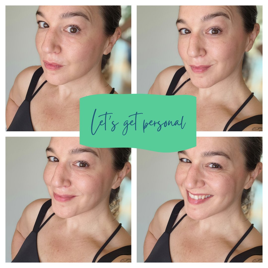 Four selfies of a woman in a black tank top, showcasing different facial expressions. The overlay text reads, "Let's get personal," indicating a personal or informal theme.