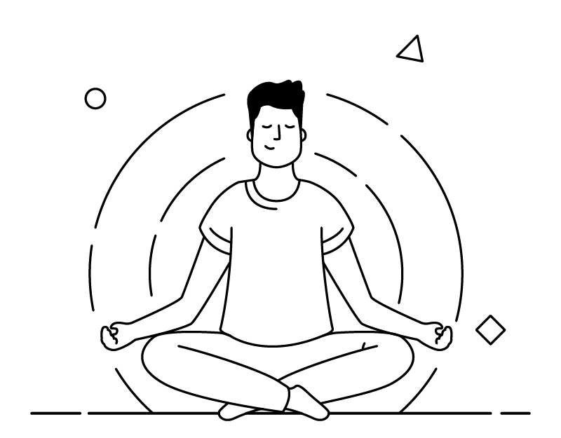 A man in a meditative posture surrounded by concentric circles and geometric shapes, symbolizing mindfulness and relaxation.